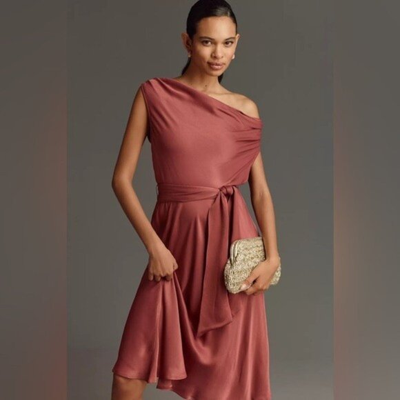 NWT Size S - Maeve Asymmetrical Tie-Waist Satin Midi Dress (NWT US$178) - Picture 9 of 16